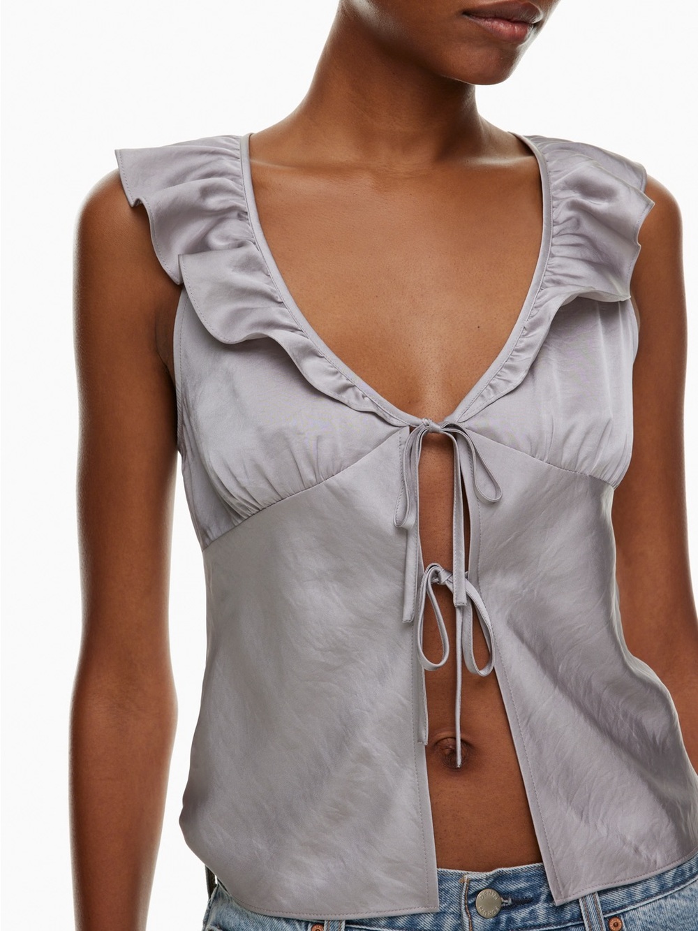 Aritzia Wilfred Light Gray Ruffled Tie-Front Satin Cami